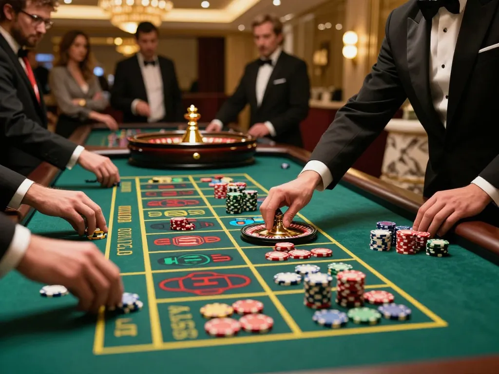 Players engaged in an exhilarating roulette game at the casino, featuring fc88k chips and lively atmosphere.