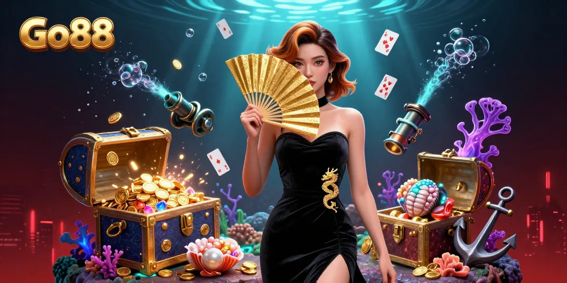 Experience thrilling gameplay at Go88, featuring a captivating Asian casino character amidst underwater treasures and vibrant gaming elements.