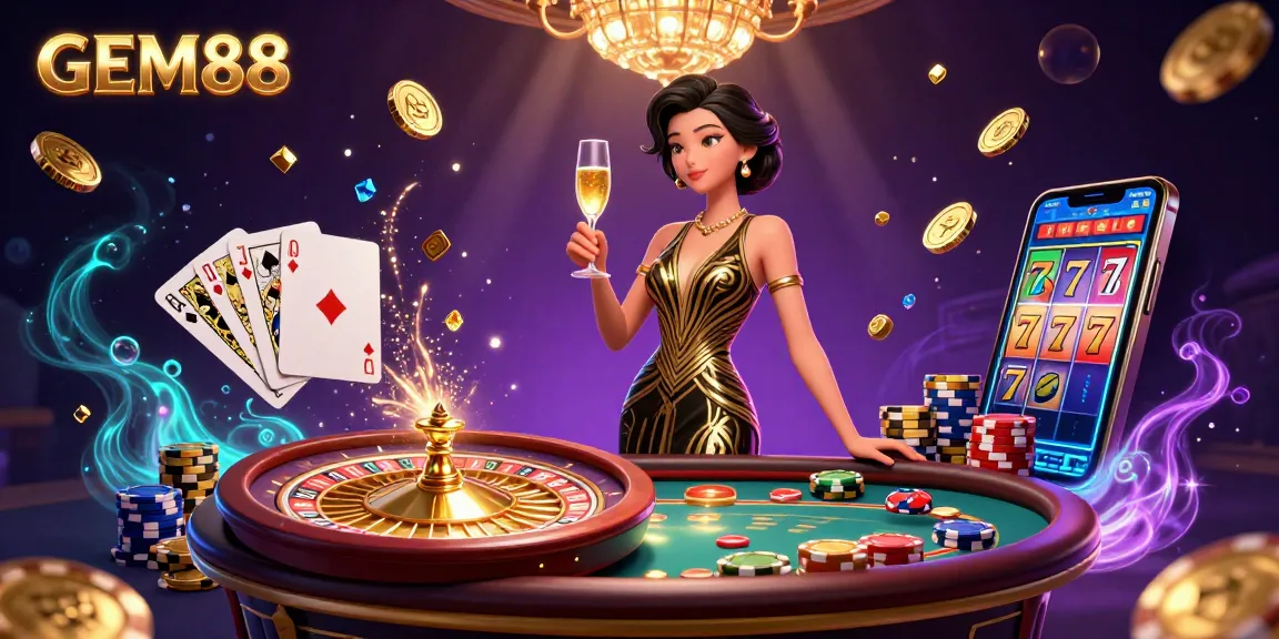 Experience excitement at GEM88 with a stunning Asian woman leading a vibrant casino scene filled with dynamic gaming elements.
