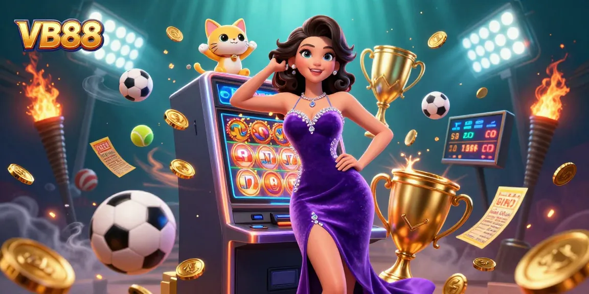 Experience the thrill of VB88 with a glamorous woman celebrating a jackpot win alongside a fortune cat mascot.