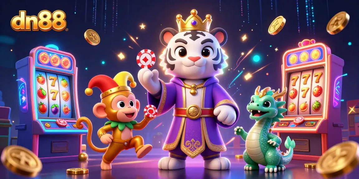 Join the excitement with dn88, featuring lively characters and slot elements in a vibrant casino atmosphere.