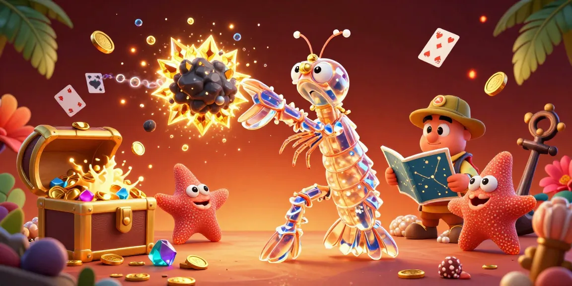 Engaging scene of the galactic shrimp embodying zomclub excitement, surrounded by colorful gems and playful gambling elements.