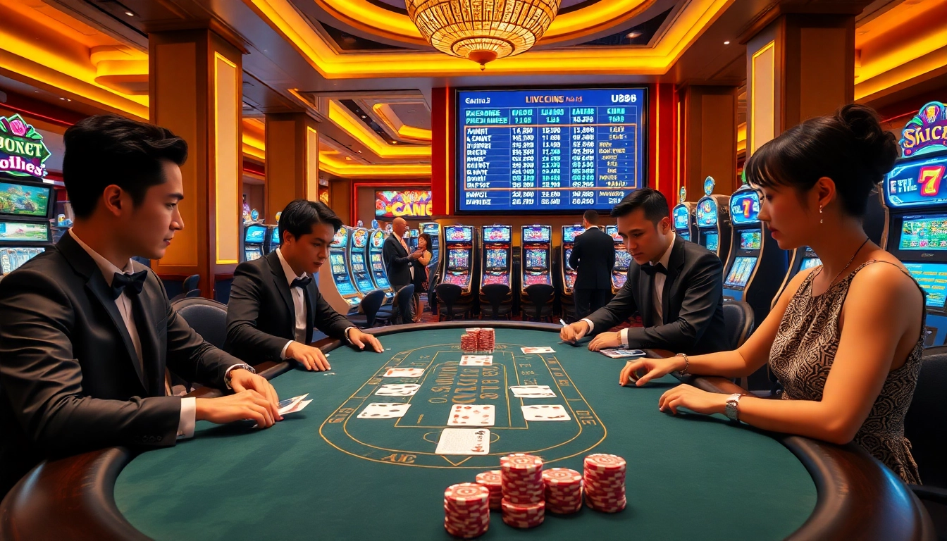 Players enjoying a thrilling U888 blackjack game at a luxurious casino table with vibrant lighting.