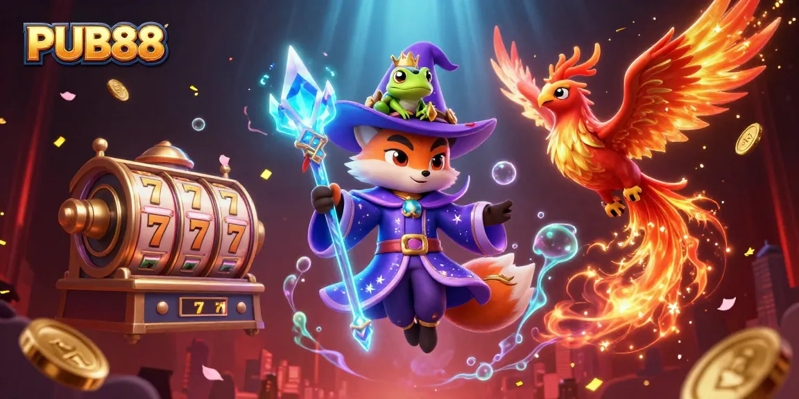 Experience thrilling games at PUB88 with a mystical fox wizard and engaging casino elements.