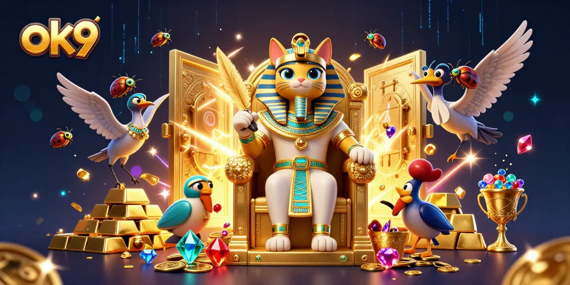 Experience thrilling gaming action with ok9, featuring a vibrant 3D casino illustration of Egyptian-themed elements.