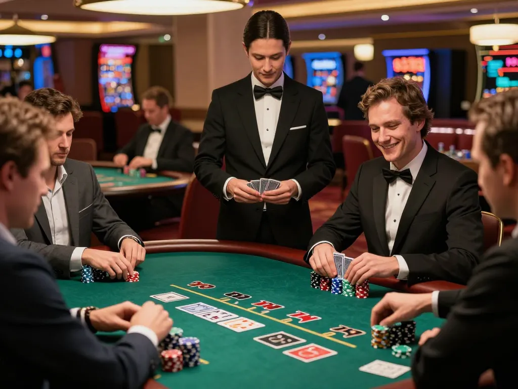 Players engaged in an intense blackjack game at a luxury casino featuring MMOO strategy.