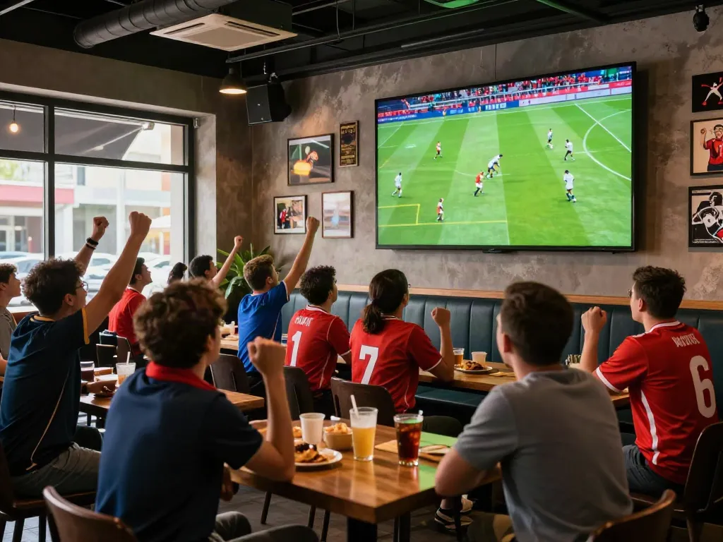 Fans enjoying cà khại tv live football streaming with vibrant cheers and sports memorabilia