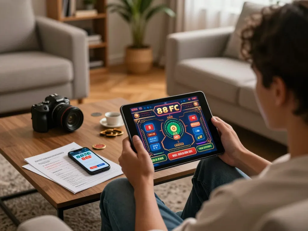 Engaged player explores 88FC online gambling on a tablet in a cozy home setting.