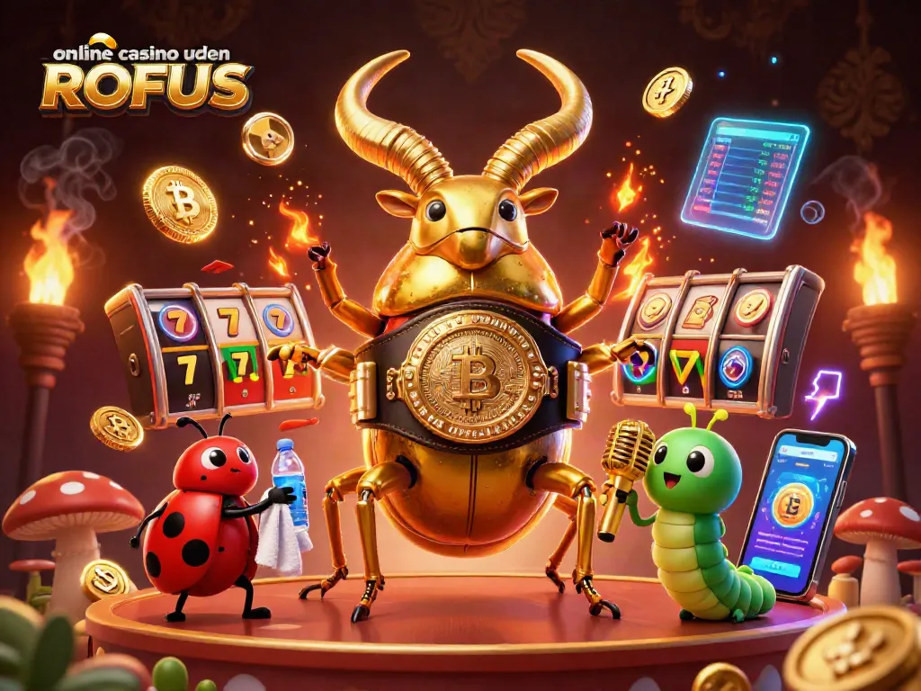 Engage with the vibrant online casino uden ROFUS scene featuring animated characters, slots, and crypto coins for thrilling play.