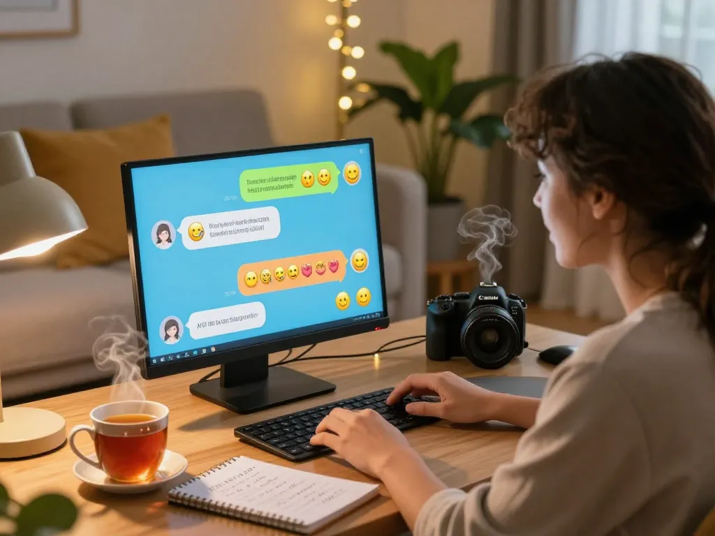 Engaging AI 18+ chat in a cozy home with virtual character and vibrant conversation.