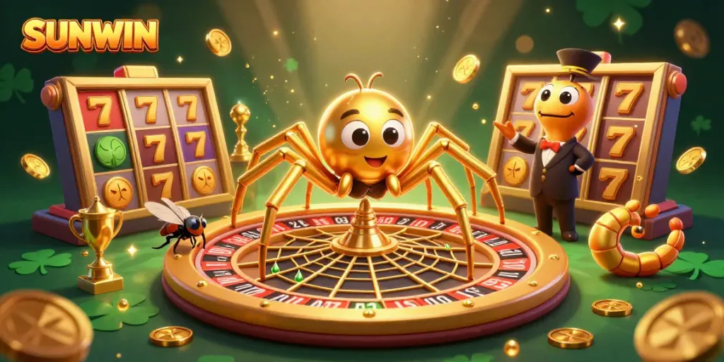 SUNWIN offers thrilling online gaming with a golden roulette web and dynamic characters in vibrant action.