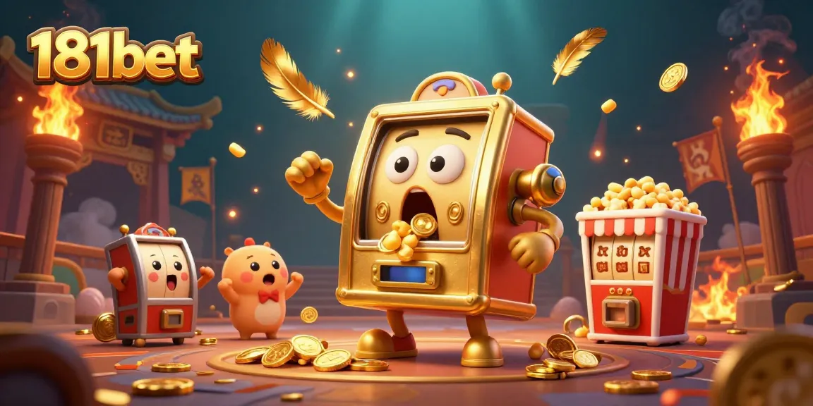 Experience the thrill of 181bet with a golden slot machine hitting the jackpot, coins overflowing!