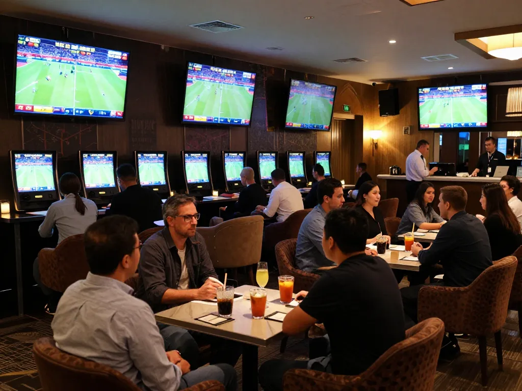 VB88 sports bettors engaging in live matches, showcasing enthusiasm and excitement in a vibrant setting.