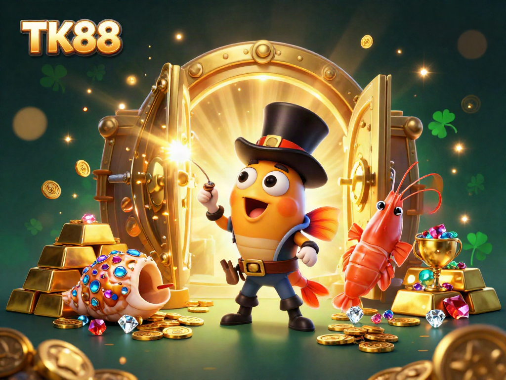 Experience the excitement of TK88 with our vibrant casino showcase featuring treasure-filled characters.