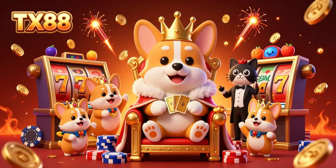 Experience the excitement of TX88 with a royal corgi atop poker chips, surrounded by vibrant casino elements.