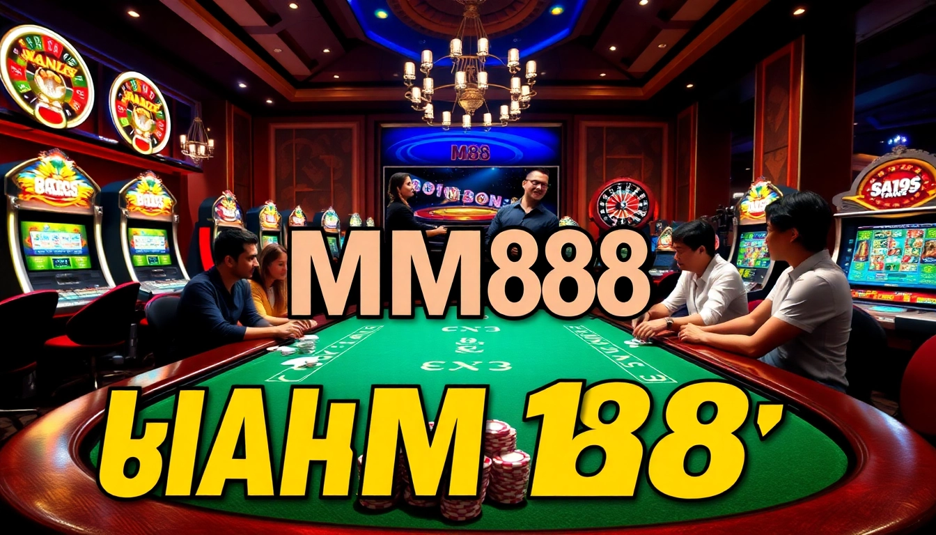 Excited players at a casino table engaging in mm88 đăng nhập, showcasing vibrant slot machines and roulette wheels.