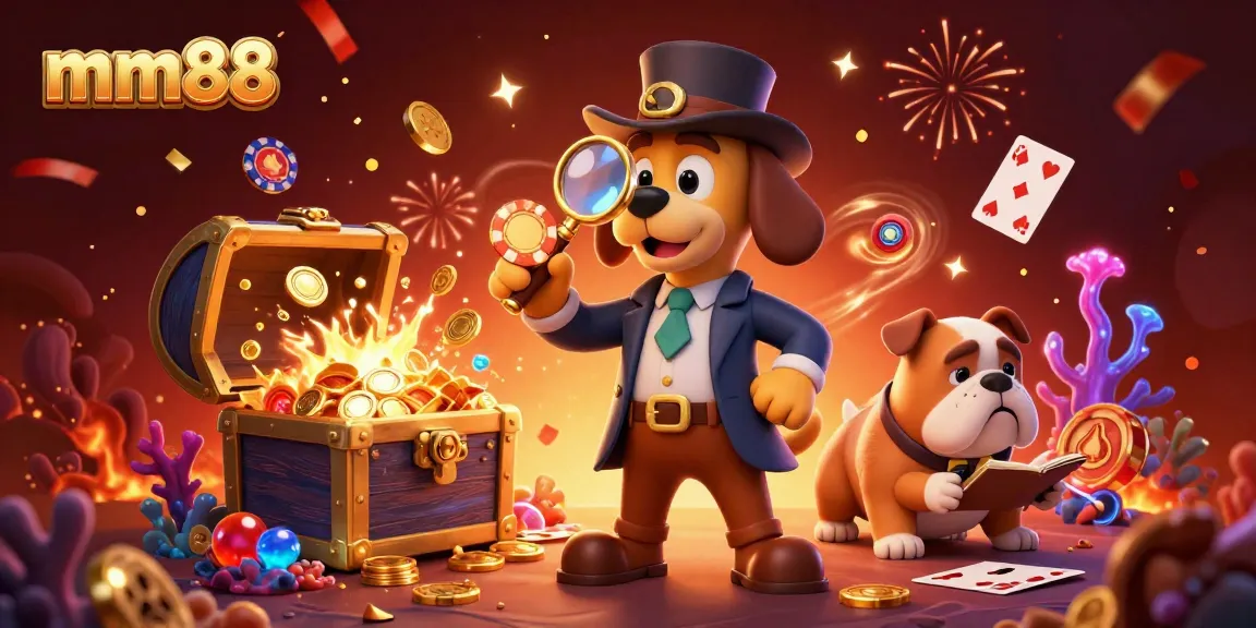 Join the mm88 adventure with a detective and bulldog gathering clues in a vibrant casino scene.