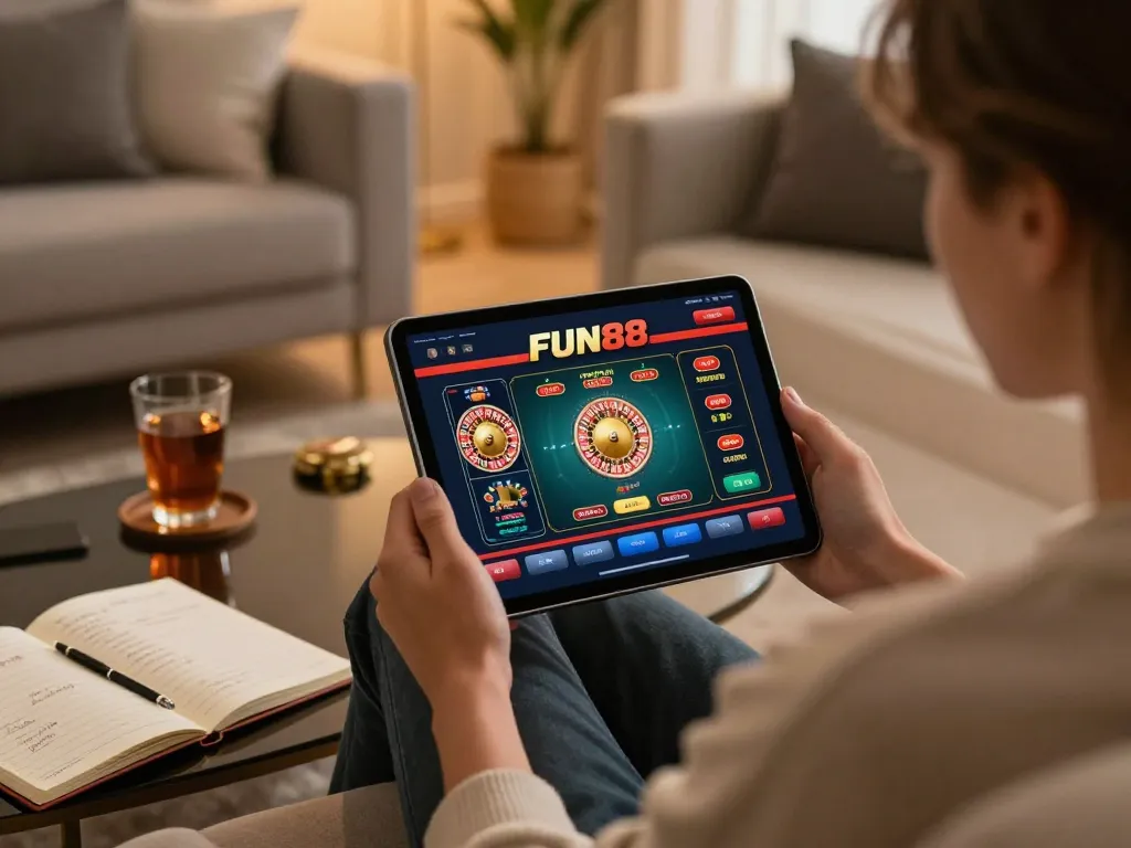 Engage with fun88's exciting online casino experience on a tablet, featuring poker gameplay and strategy notes.