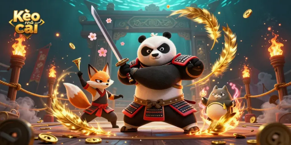 Experience Kèo nhà cái with a fierce samurai panda and ninja fox in a rich, dynamic gambling scene.