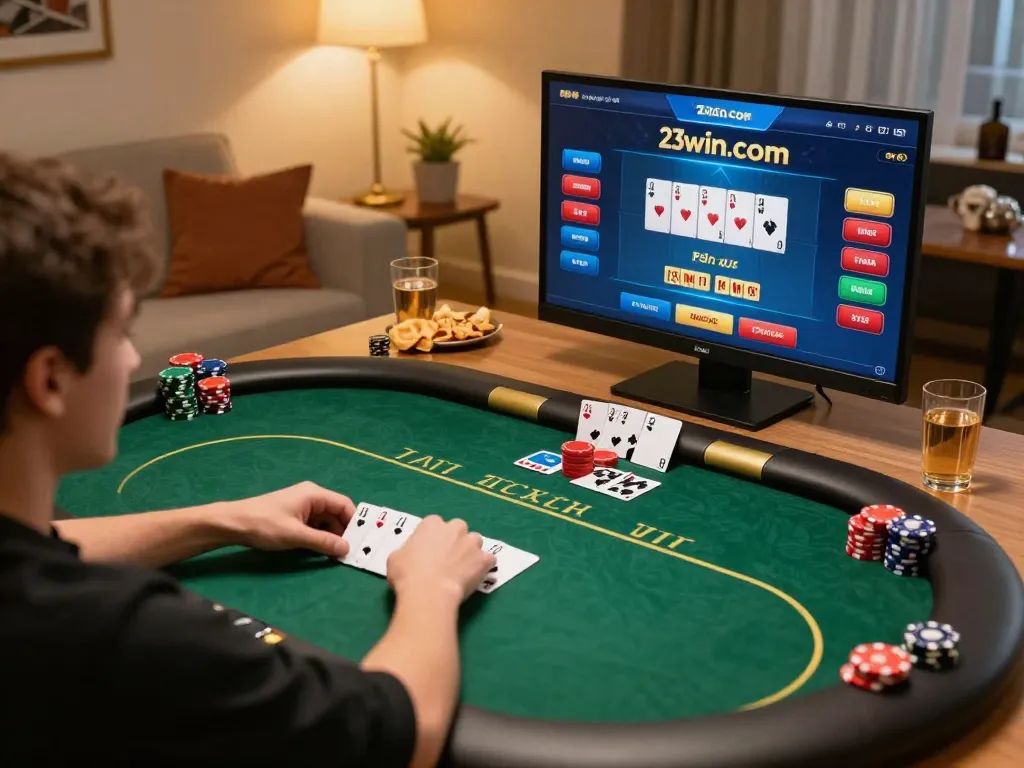 Player enjoying poker on 23win.com, showcasing strategic gameplay in a cozy home setting.