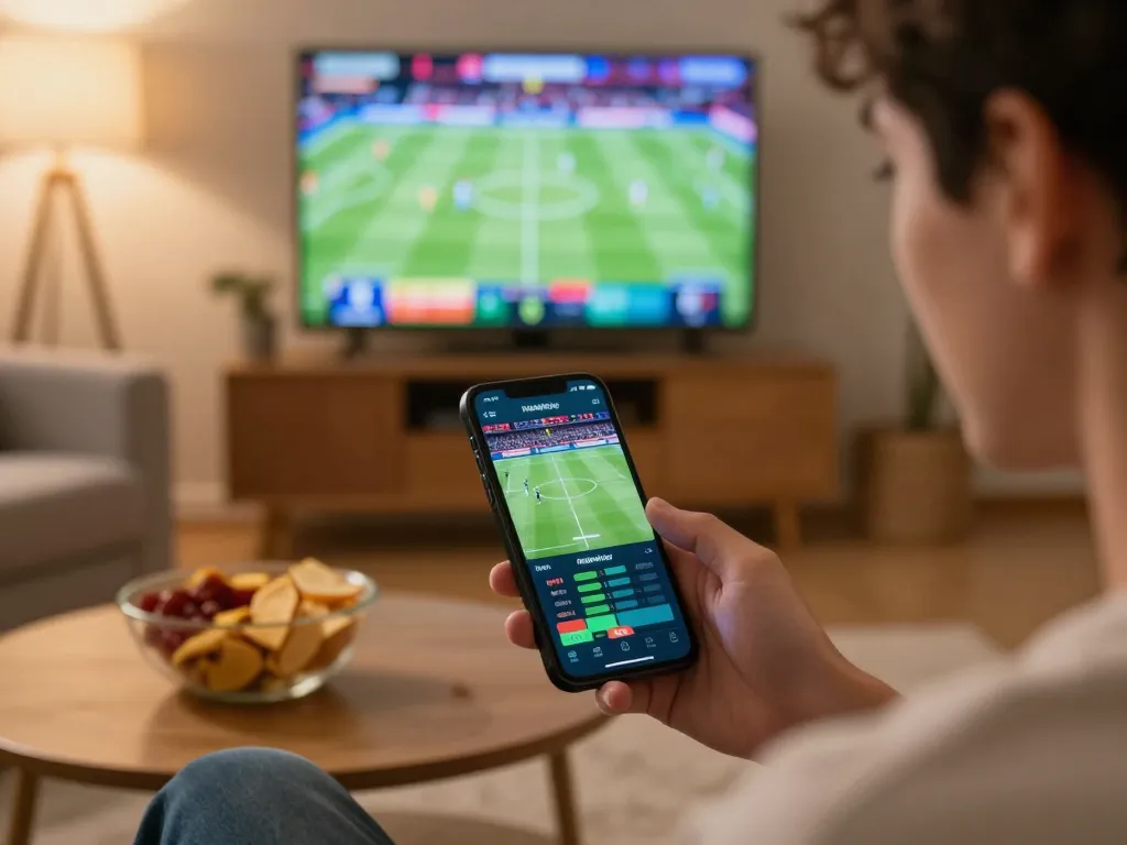 Player using fun88 sports betting app on smartphone in cozy living room during live event.