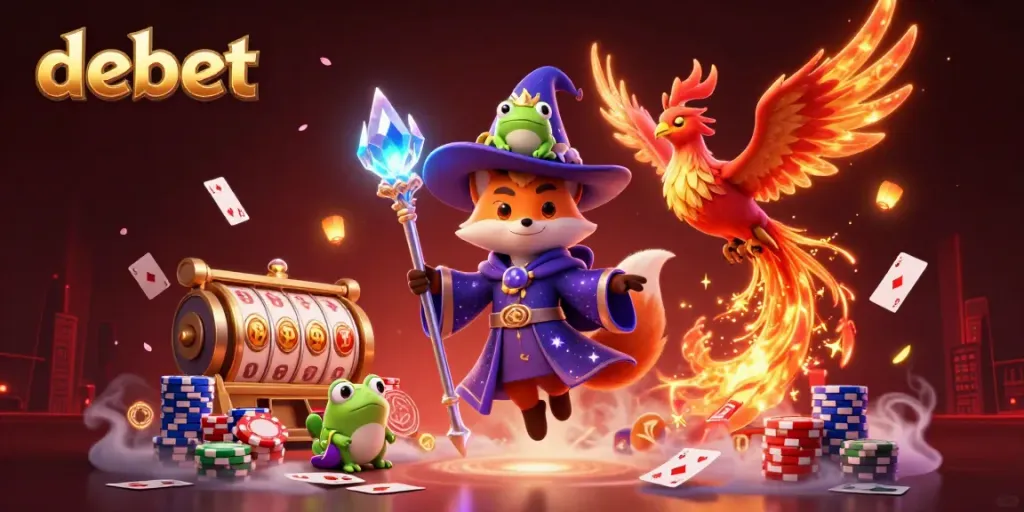Experience the magic of debet with a whimsical wizard fox, phoenix, and vibrant casino elements in a richly detailed scene.