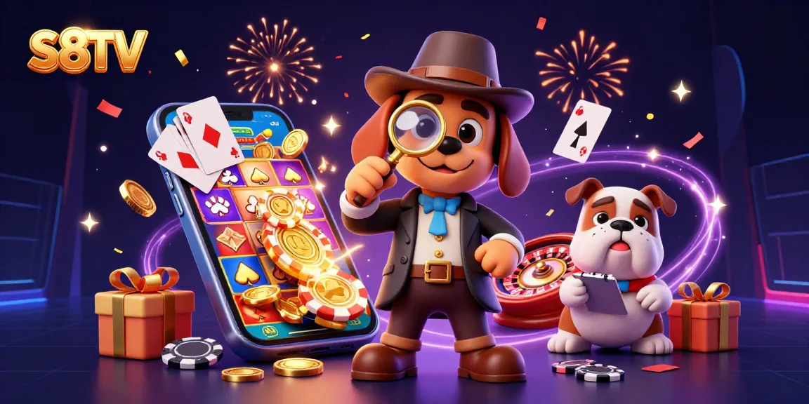 S8TV offers engaging insights while the detective and bulldog uncover poker chip clues in a lively casino backdrop.