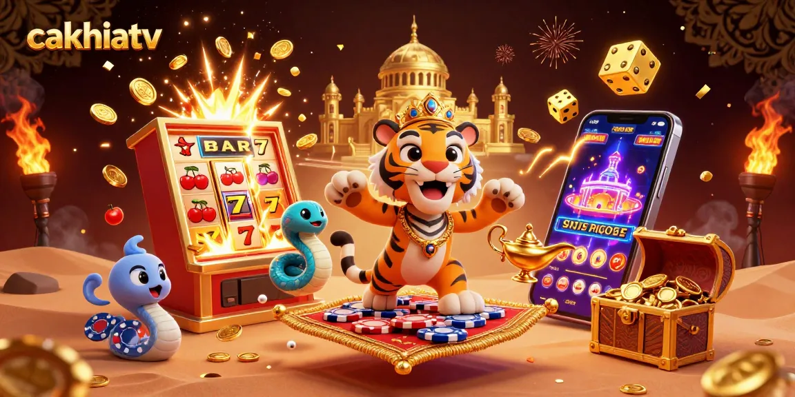 Engage with cakhiatv's thrilling casino scene featuring a majestic tiger sultan and treasures.