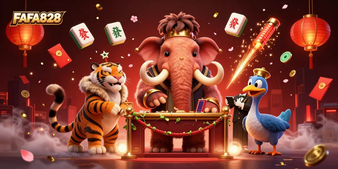 Engage with the vibrant FAFA828 casino scene featuring exciting characters and festive elements.