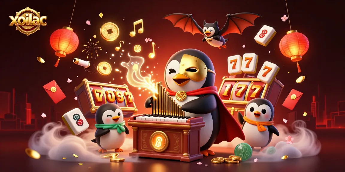 Engage in gambling excitement with xoilac's vibrant casino-themed illustration featuring a penguin and bat acrobat.