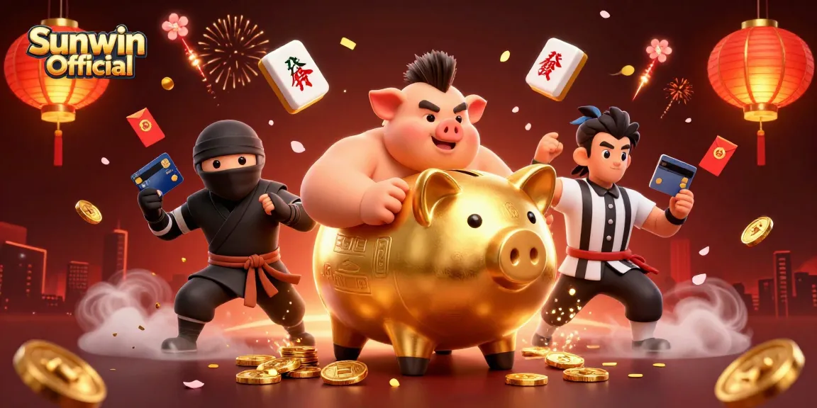 Engage in thrilling casino action with Sunwin Official featuring a dynamic sumo wrestler, ninja, and referee.