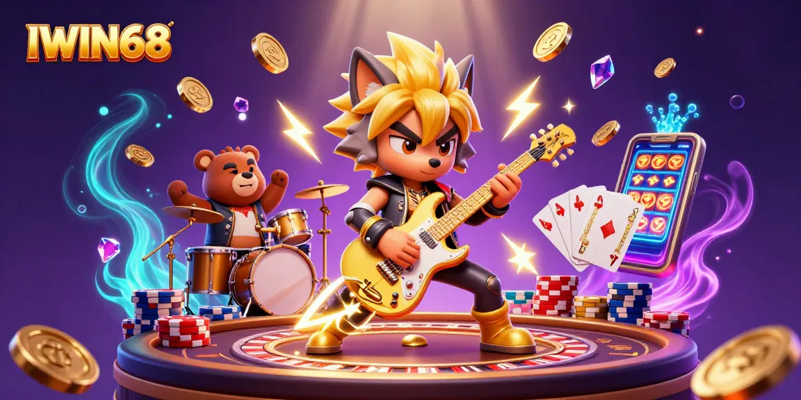 IWIN68 casino scene featuring a rock star wolf and drummer bear amidst gold coins and poker chips