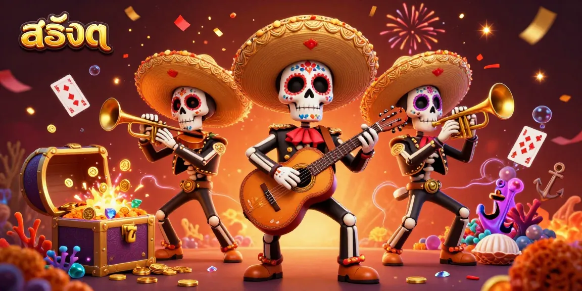 Spin the reels of สล็อต with colorful mariachi band and abundant casino treasures in a vibrant 3D scene.