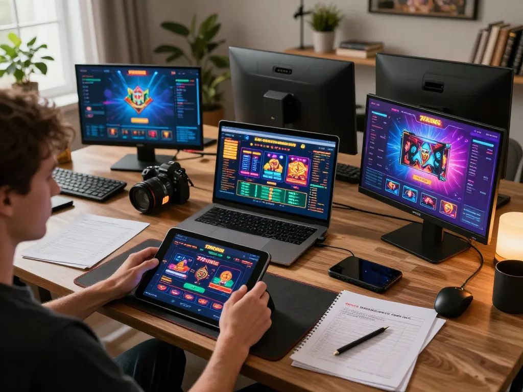 Engaging with the 79KING casino app on a tablet in a stylish gaming setup