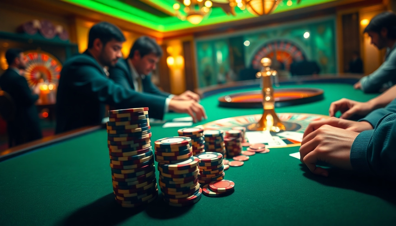 Experience the thrill of F168 casino gaming with poker chips and roulette wheels in a luxurious setting.