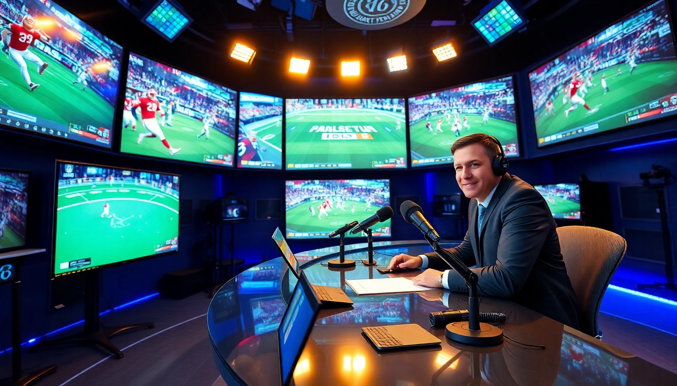 Engaging sportscaster in action for Sports Broadcasting, in a vibrant studio filled with screens.