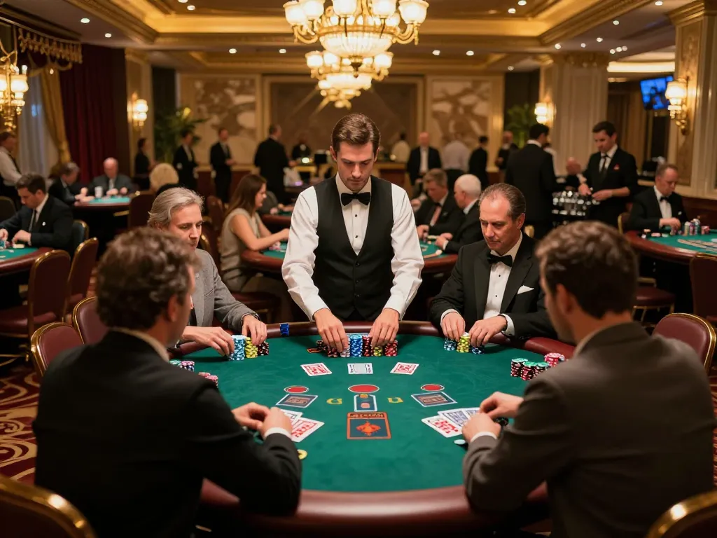 Players engage with 11bet at blackjack tables amid elegant casino environment.