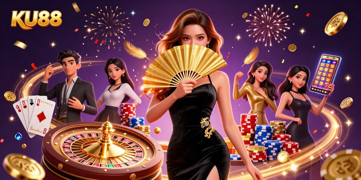 Experience thrilling gaming at KU88 with a glamorous Asian woman amidst casino gold and excitement.