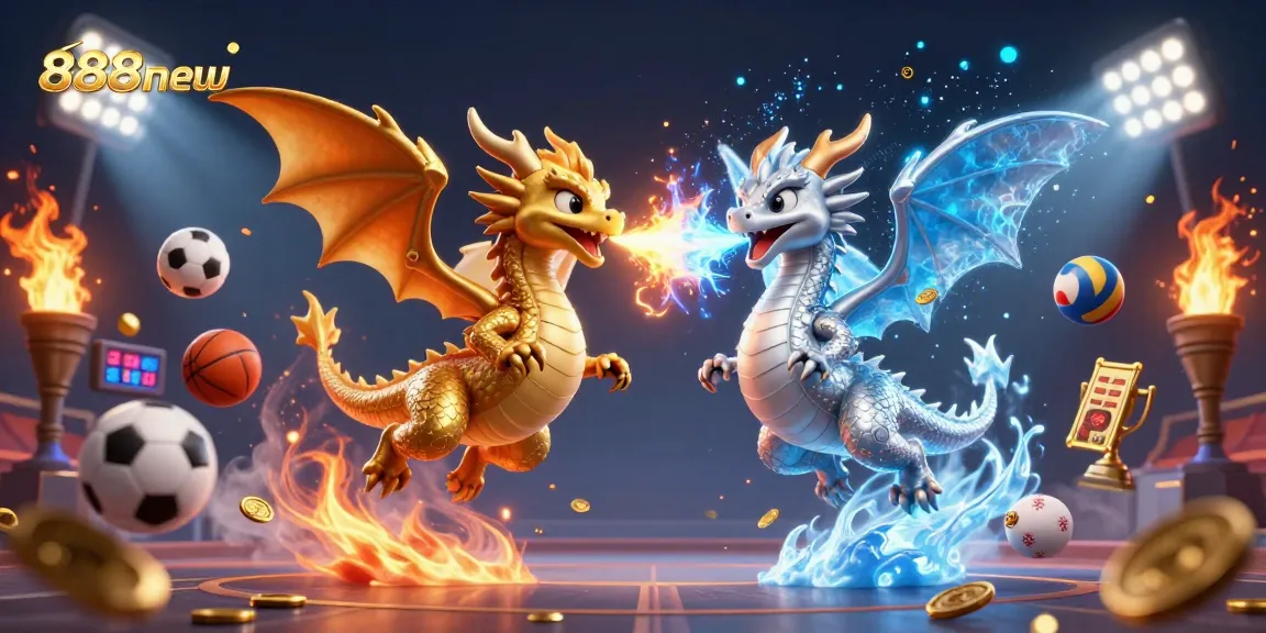 Experience thrilling action at 888new with dragons, sports, and dynamic gaming elements in one stunning illustration.
