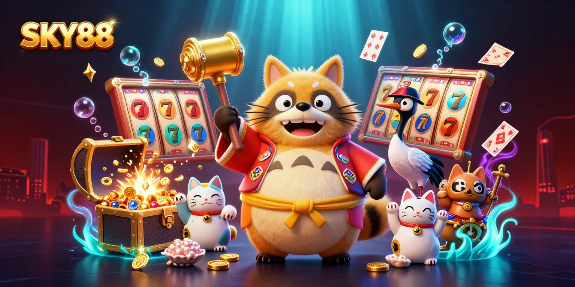 Join the fun at SKY88 as lucky tanuki and friends celebrate exciting casino games and jackpots