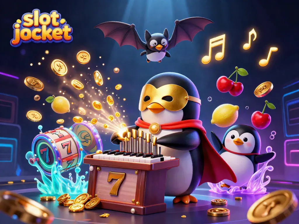 Experience the thrill of hitting the slot jackpot with this dynamic 3D scene of a penguin playing for coins.