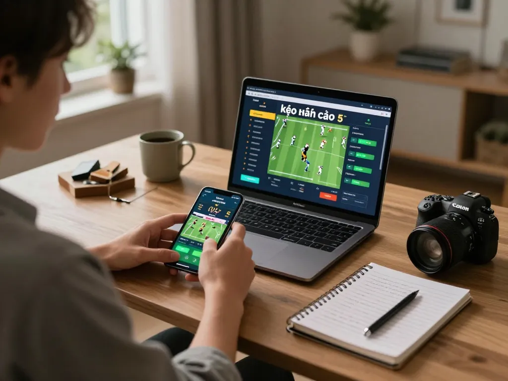 Engaging in kèo nhà cái 5 sports betting on phone and laptop at home desk
