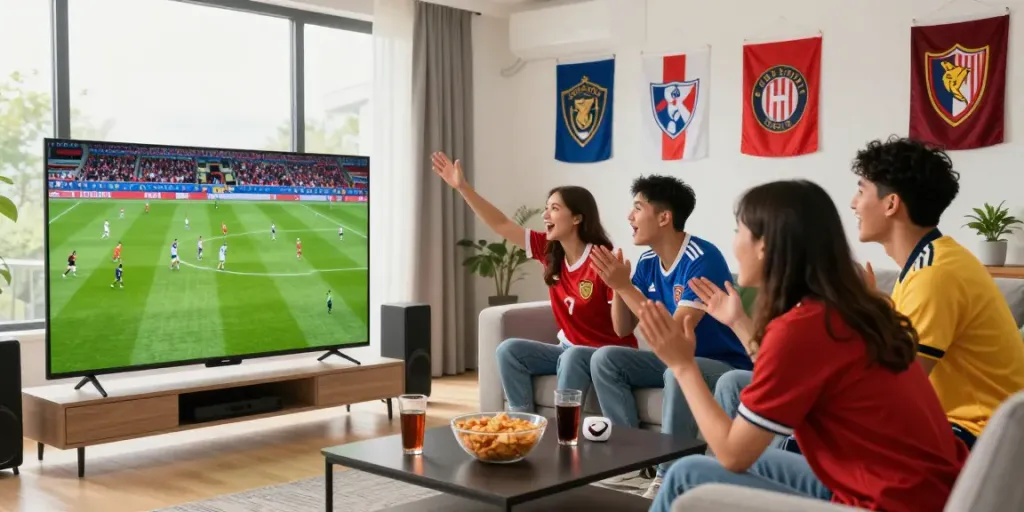 Friends enjoying a thrilling gà vàng tv football match in a vibrant home setup.