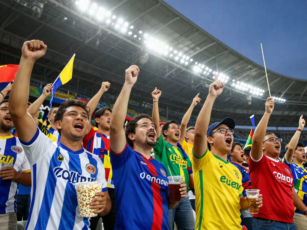 Excited soccer fans enjoying cà khại tv in a lively stadium atmosphere.
