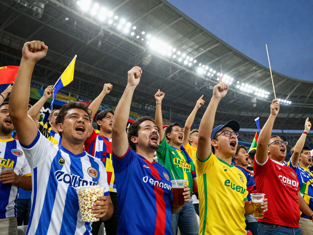 Excited soccer fans enjoying cà khại tv in a lively stadium atmosphere.