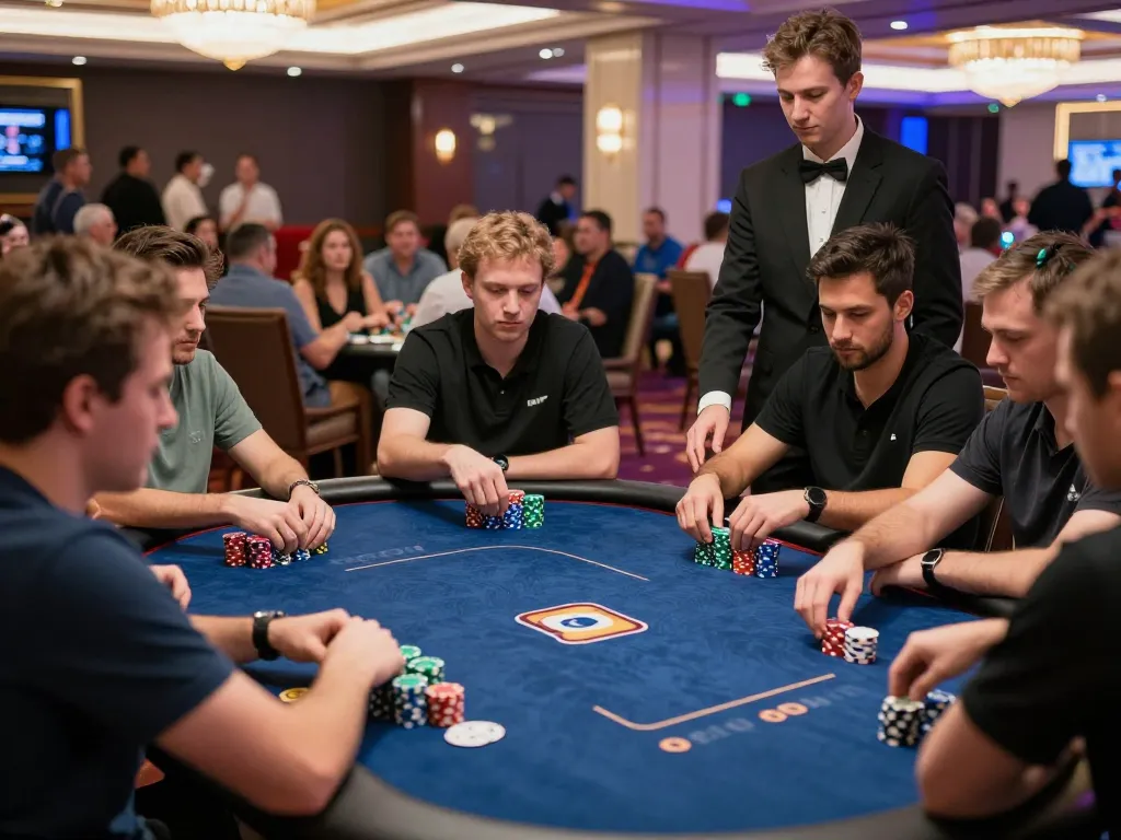 Players engaged in competitive poker gameplay at a luxury casino, showcasing strategic moments and the excitement of VA88