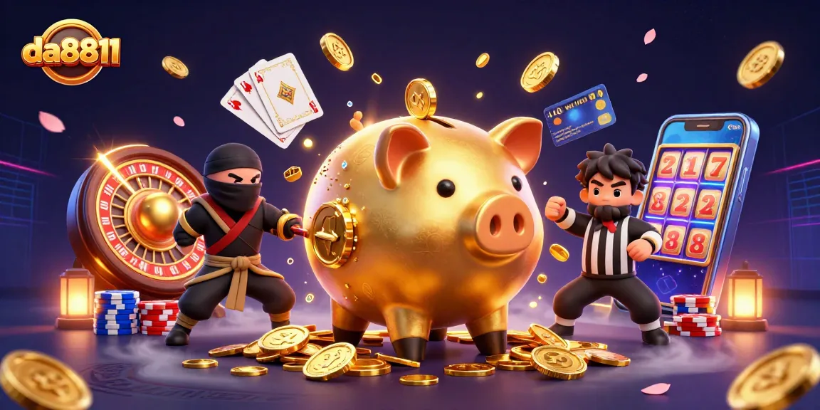 Experience thrilling gaming at da8811 with an energetic, vibrant casino scene featuring dynamic characters and symbols.
