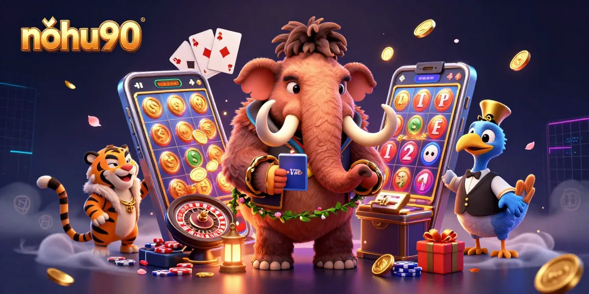 Win big with nohu90 at this vibrant casino scene featuring a woolly mammoth bouncer and slot games.