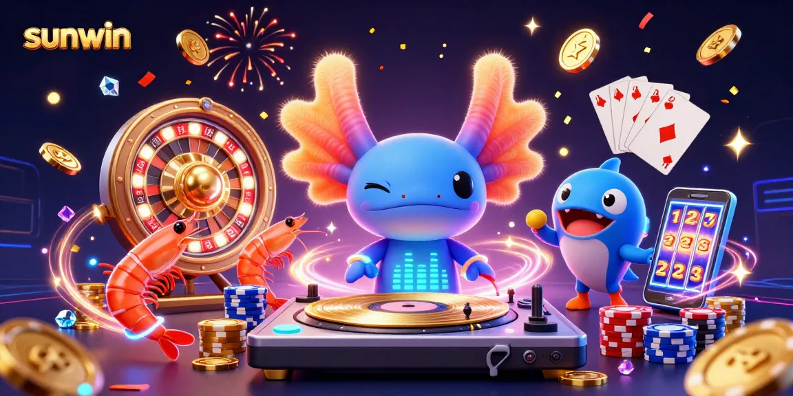 Experience sunwin's vibrant casino scene with a neon axolotl DJ, golden coins, and exciting game elements.