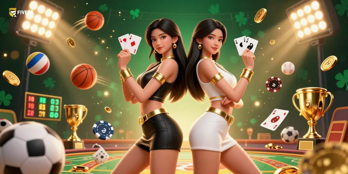 FIVE88 showcases twin Asian women in powerful poses with casino elements, enhancing excitement and engagement.